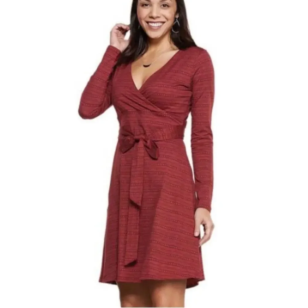Toad & Co Cue Wrap Dress Long Sleeve Red Striped Print Side Pockets